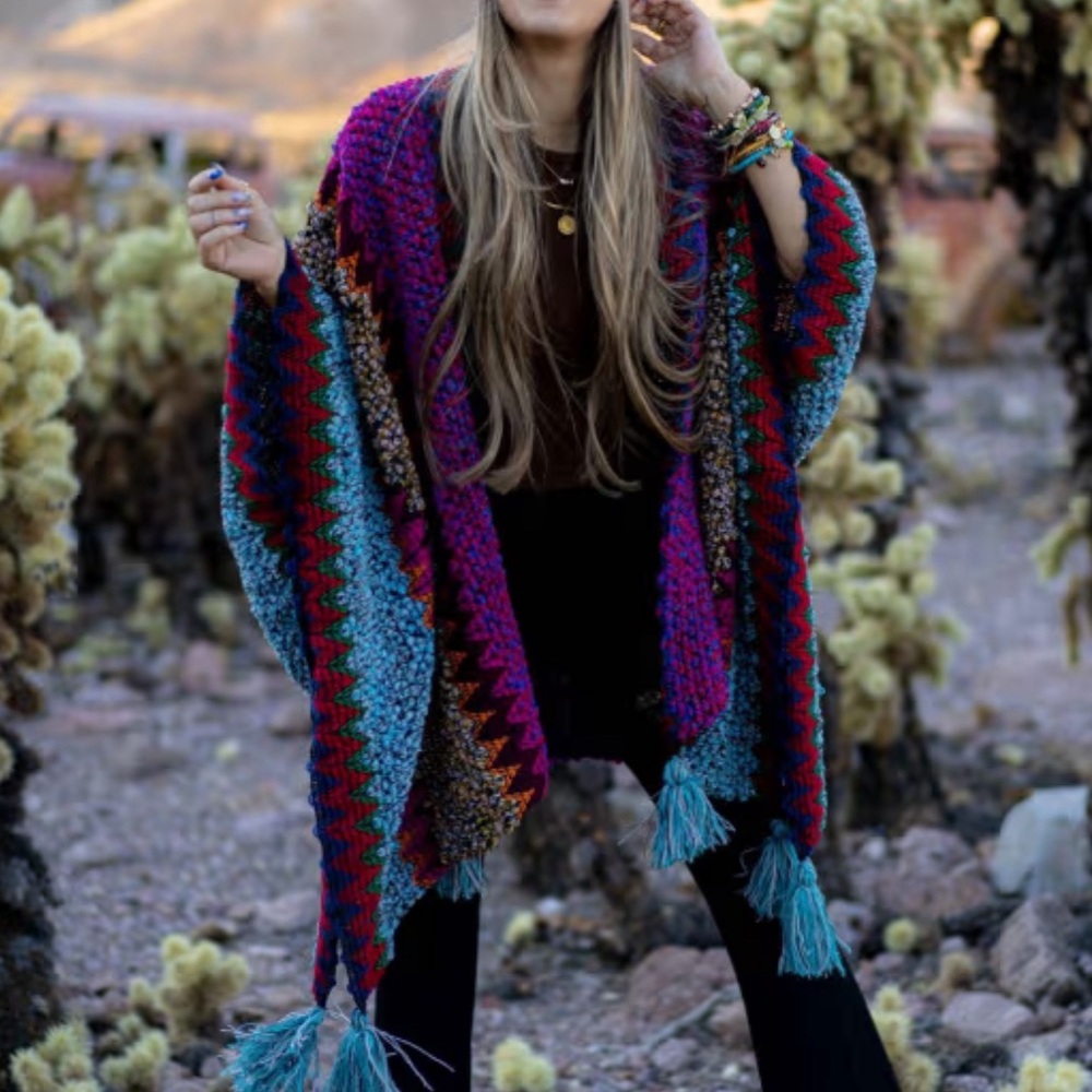 New Bohemian Crochet Ruana Pink Knit Tasseled Cardigan Sweater Duster Wrap